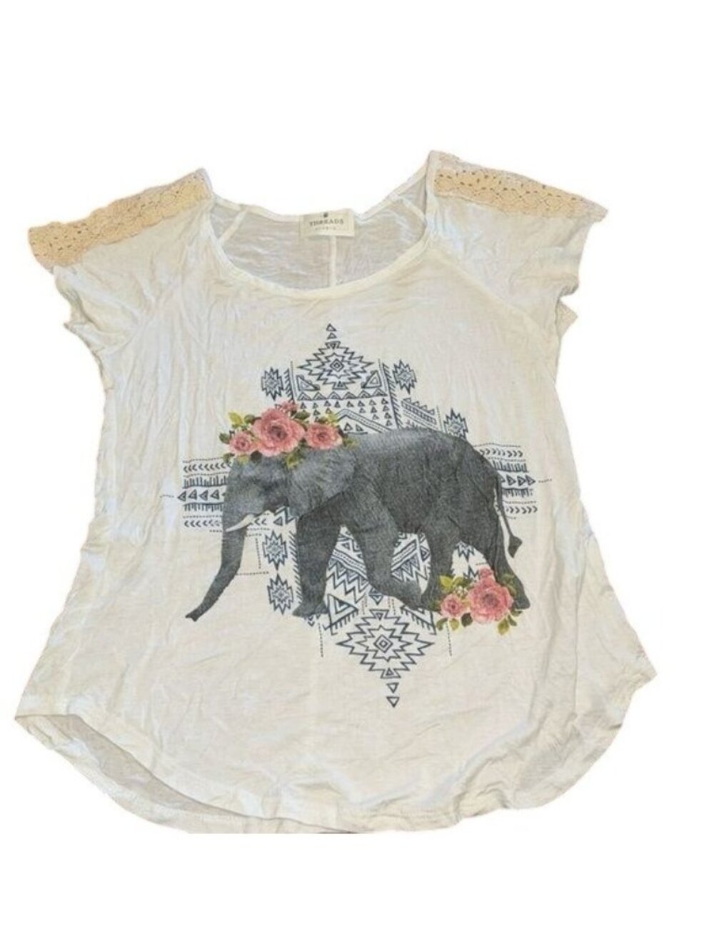 Threads Studio Womens S White Tee With Elephant & Floral Design